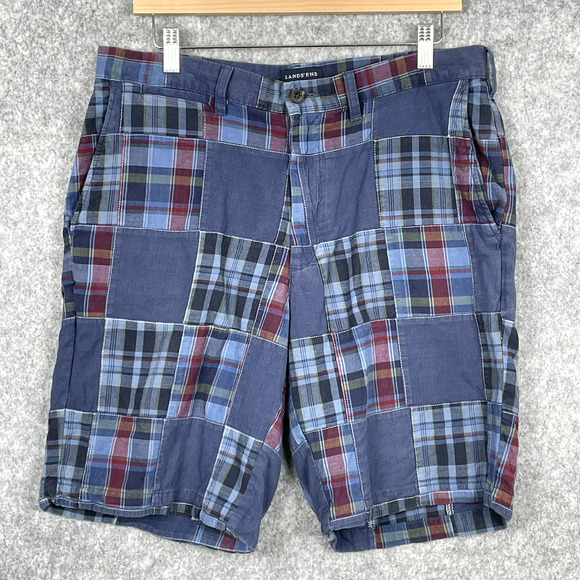 Lands End July 4th USA Madras Plaid Shorts Mens 34x9 Patchwork Y2K Americana - Picture 1 of 6